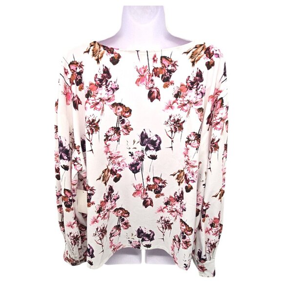 Nordstrom Floral V-Neck Long Sleeve Blouse Womens 1X Lightweight Ivory & Pink - Picture 5 of 16